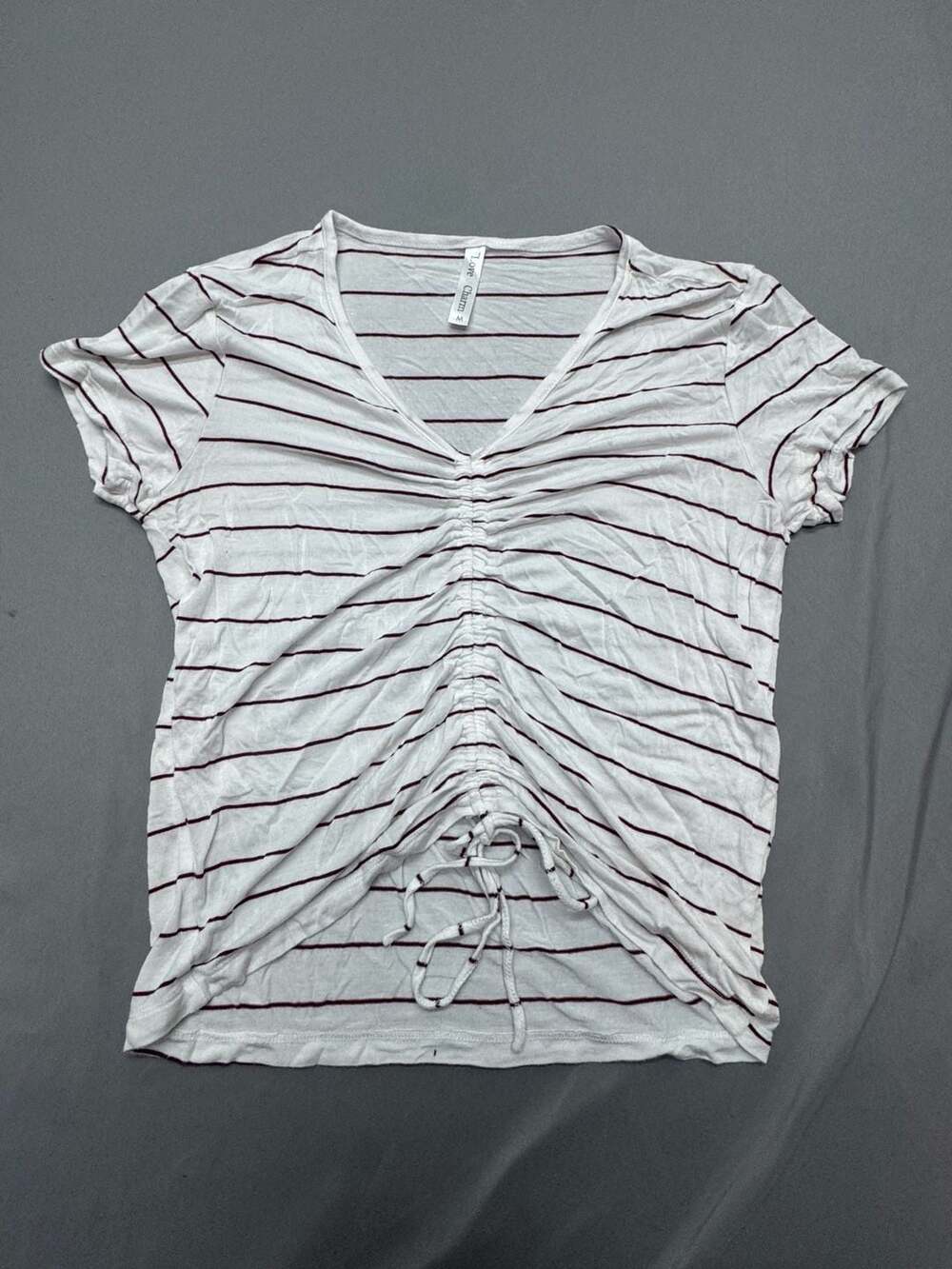 Love Charm Striped Ruched V-Neck Top Size M White Burgundy